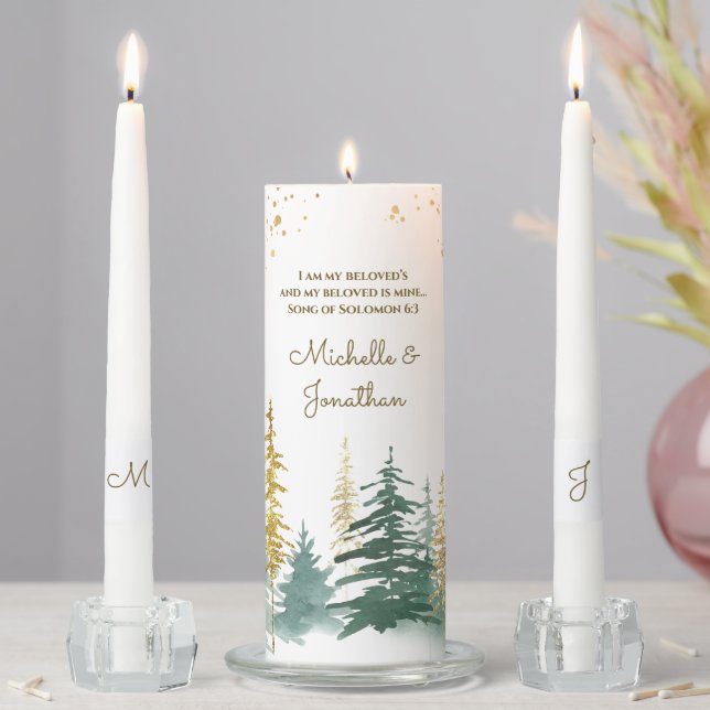 Gold Green Woodland Pine Trees Inspirational Unity Candle Set (In Situ)