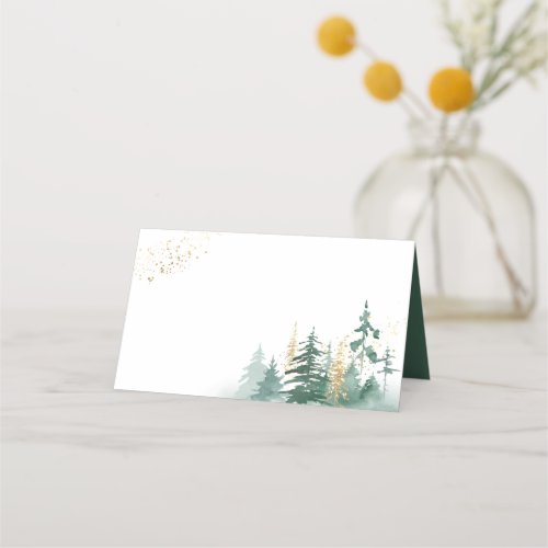 Gold Green Woodland Pine Trees Watercolor Place Card