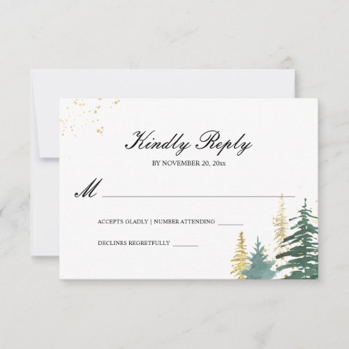 Gold Green Woodland Pine Trees Watercolor RSVP Card