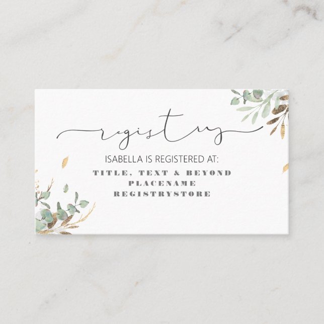 Gold Greenery and Eucalyptus Foliage Registry Business Card (Front)