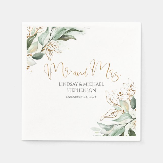 Gold Greenery and Eucalyptus Leaves Wedding Napkins (Front)