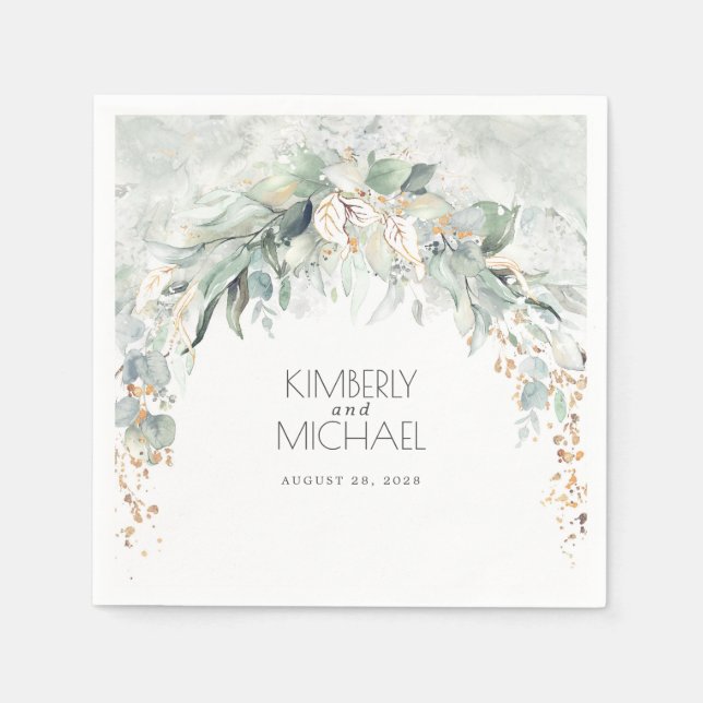 Gold Greenery and Eucalyptus Leaves Wedding Napkins (Front)