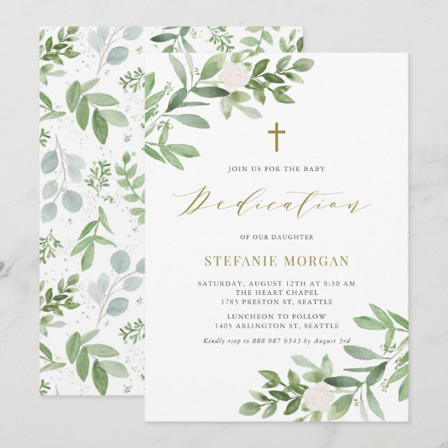 Gold Greenery and White Flowers Baby Dedication Invitation (Front/Back)