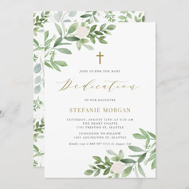 Gold Greenery and White Flowers Baby Dedication Invitation | Zazzle