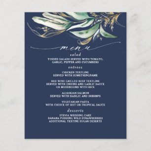 Gold Greenery Branch Navy Blue Menu Flyer