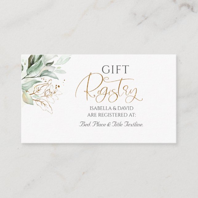 Gold Greenery Branches Elegant White Gift Registry Enclosure Card (Front)