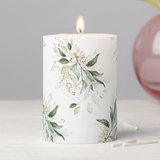 Gold Greenery Branches Elegant White Pillar Candle (In Situ)