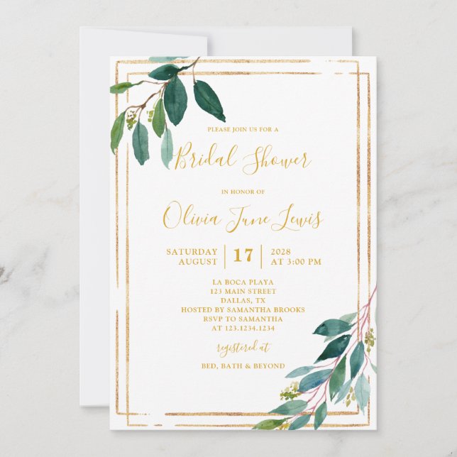 Gold Greenery Bridal Shower Invitations (Front)