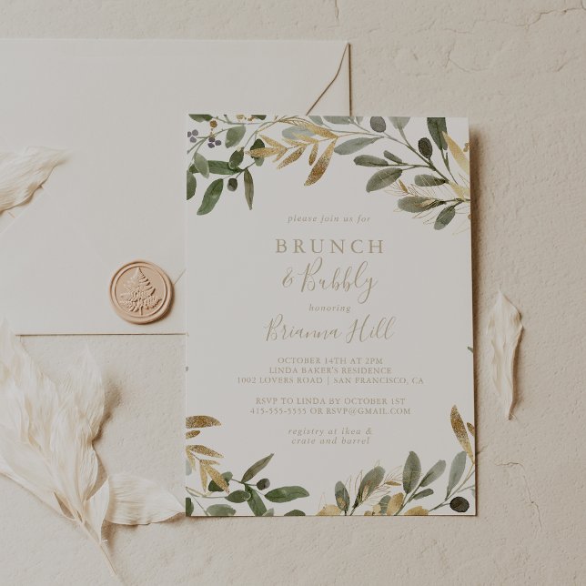 Gold Greenery Brunch and Bubbly Bridal Shower  Invitation (Creator Uploaded)