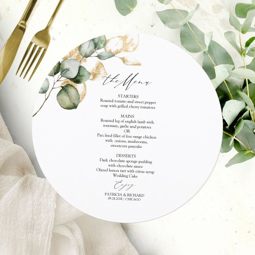 Gold Greenery Circle Wedding Menu Card