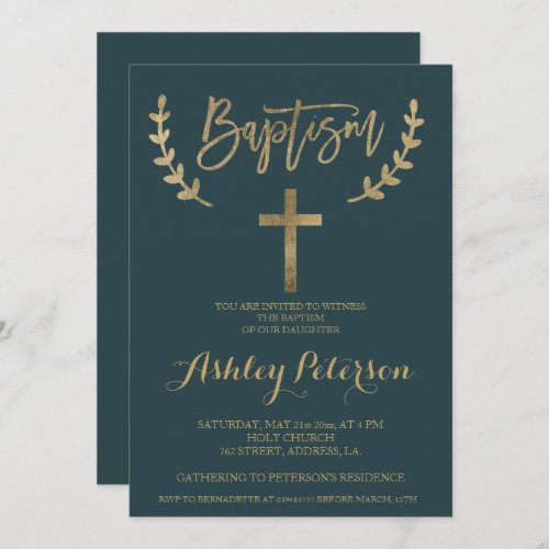 Gold greenery elegant typography baptism invitation
