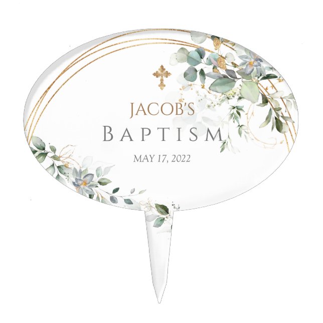 Gold Greenery Eucalyptus Boy Baptism Cake Picks (Front)