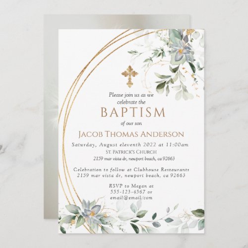  Gold Greenery Eucalyptus Boy Baptism Invitation