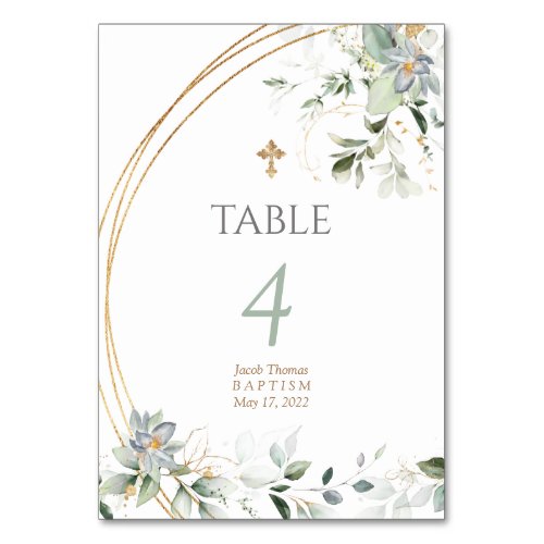 Gold Greenery Eucalyptus Boy Baptism  Table Number