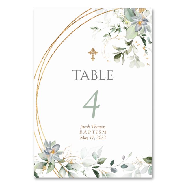 Gold Greenery Eucalyptus Boy Baptism  Table Number (Front)