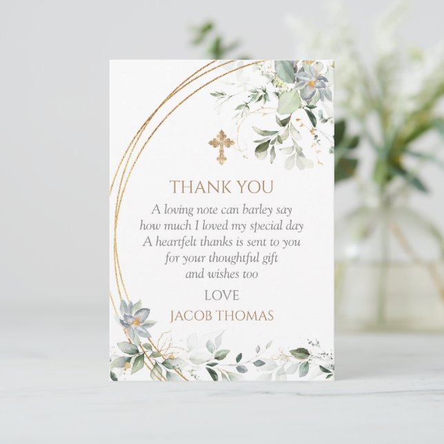 Gold Greenery Eucalyptus Boy Baptism  Thank You Card (Standing Front)