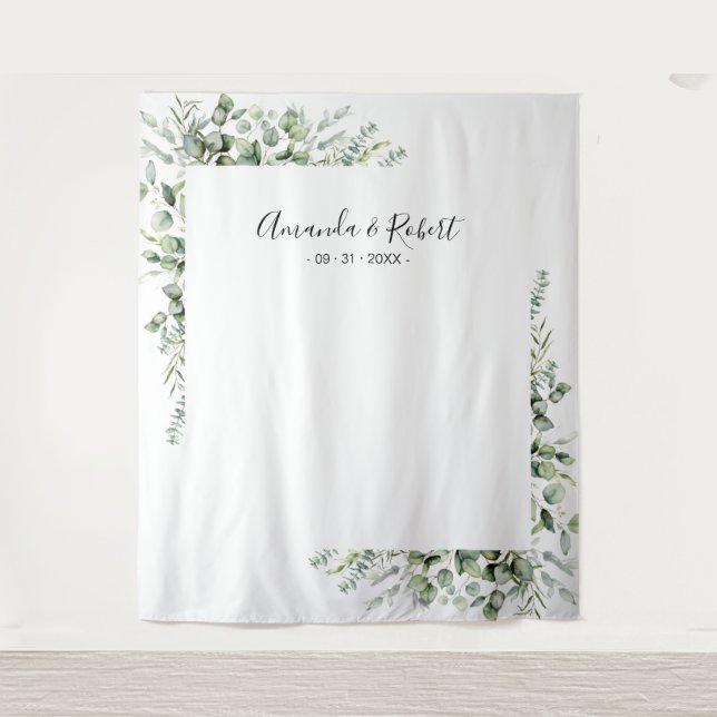 Gold Greenery Eucalyptus Wedding Backdrop Tapestry (Front)