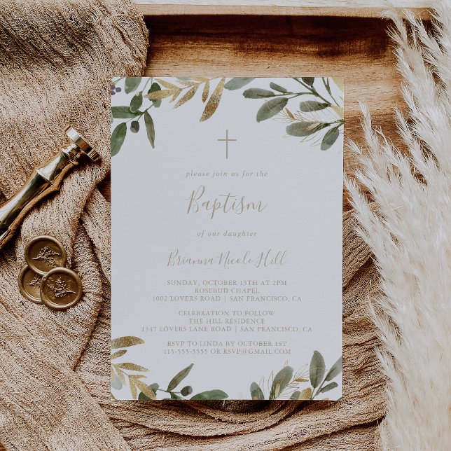Gold Greenery Fall Baptism Invitation (Creator Uploaded)