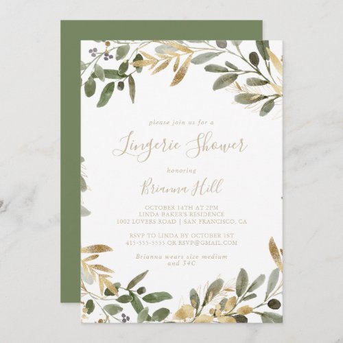 Gold Greenery Fall Bridal Lingerie Shower  Invitation
