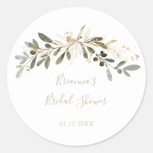 Gold Greenery Fall Bridal Shower Favor   Classic Round Sticker