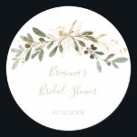Gold Greenery Fall Bridal Shower Favor   Classic Round Sticker<br><div class="desc">This gold greenery fall bridal shower favor sticker is perfect for a modern wedding shower. The design features charming artistic green and gold foliage.</div>