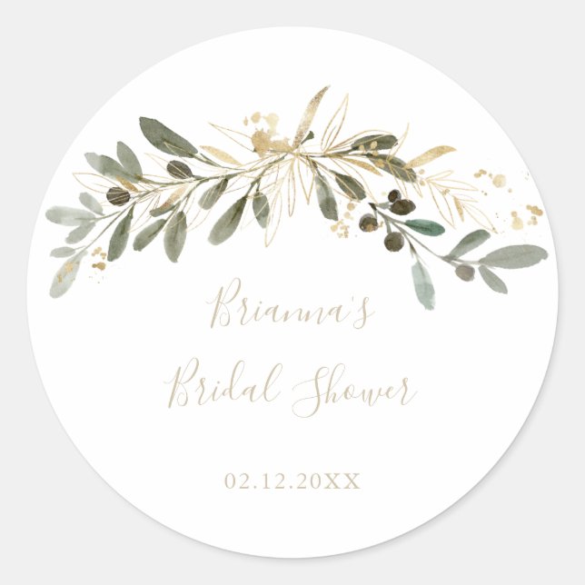 Gold Greenery Fall Bridal Shower Favor   Classic Round Sticker (Front)