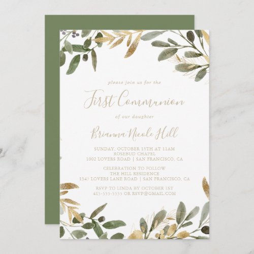 Gold Greenery Fall First Communion  Invitation