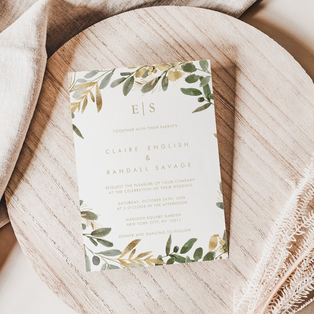 Gold Greenery Fall Last Name Initial Wedding  Invitation (Creator Uploaded)