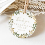 Gold Greenery Fall Thank You Wedding Favor   Classic Round Sticker<br><div class="desc">This gold greenery fall thank you wedding favor classic round sticker is perfect for a modern wedding. The design features charming artistic green and gold foliage. Make the sticker labels your own by including your names, the event (if applicable), and the date. These stickers can compliment a wedding reception, bridal...</div>