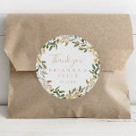 Gold Greenery Fall Thank You Wedding Favor   Classic Round Sticker<br><div class="desc">This gold greenery fall thank you wedding favor classic round sticker is perfect for a modern wedding. The design features charming artistic green and gold foliage. Make the sticker labels your own by including your names, the event (if applicable), and the date. These stickers can compliment a wedding reception, bridal...</div>
