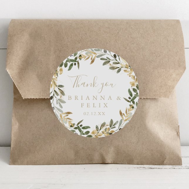 Gold Greenery Fall Thank You Wedding Favor   Classic Round Sticker (Creator Uploaded)