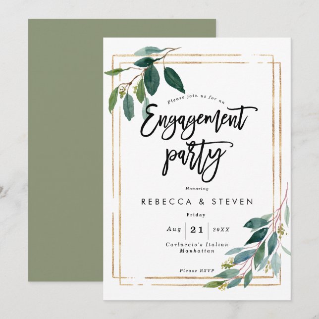 gold greenery floral engagement party invitation (Front/Back)