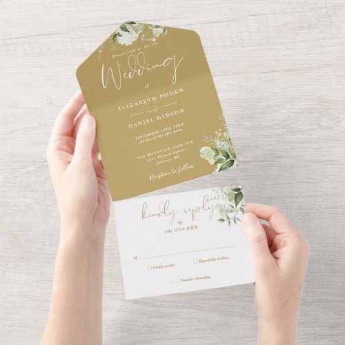 Gold Greenery Floral Monogram Script Wedding All In One Invitation