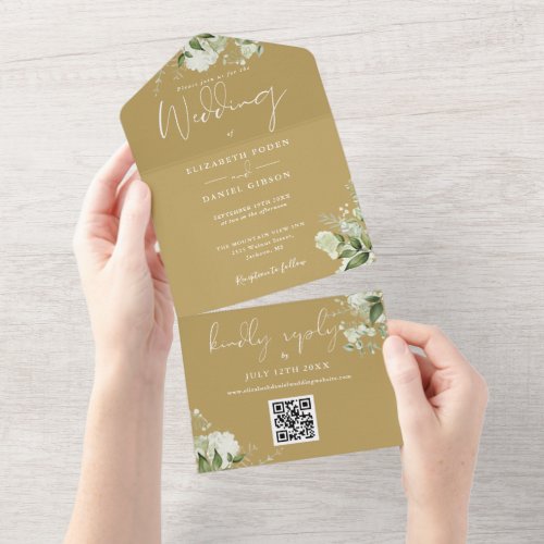 Gold Greenery Floral QR Code Monogram Wedding All In One Invitation