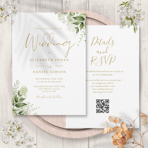 Gold Greenery Floral QR Code Script Wedding Invitation