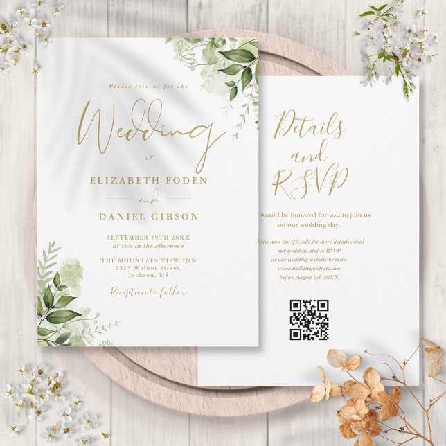 Gold Greenery Floral QR Code Script Wedding Invitation (Gold Greenery Floral QR Code Script Wedding Invitation)
