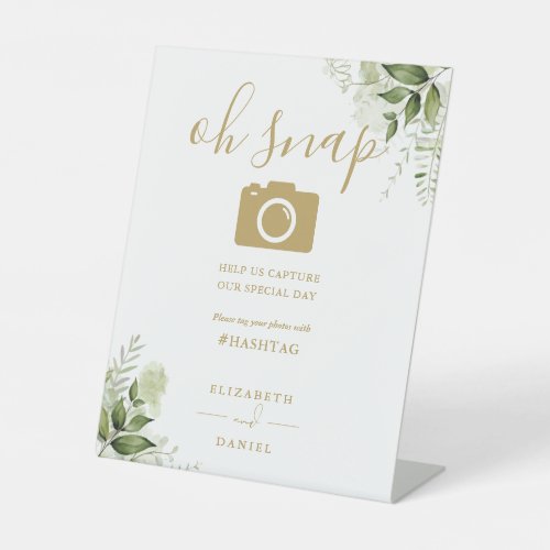 Gold Greenery Floral Script Oh Snap Photo Pedestal Sign