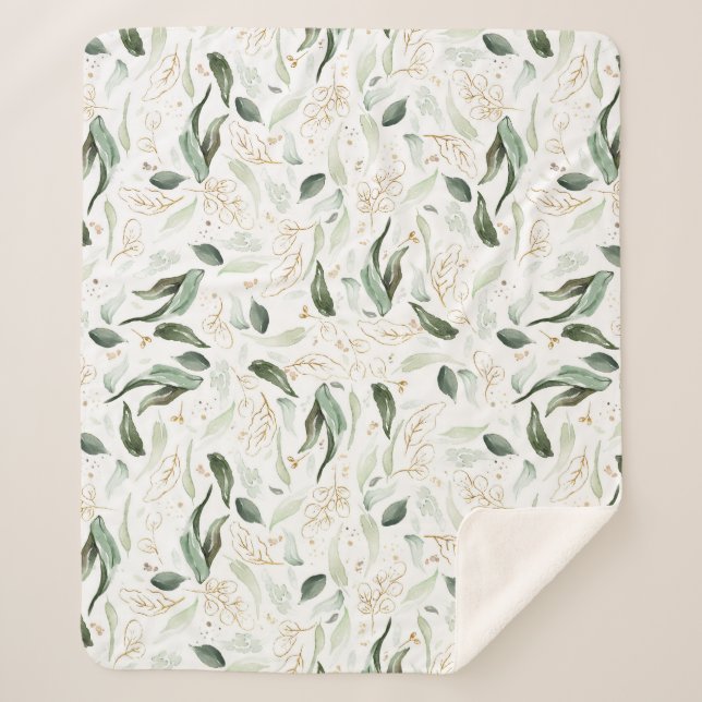 Gold Greenery Foliage Elegant White Romantic Sherpa Blanket (Front)