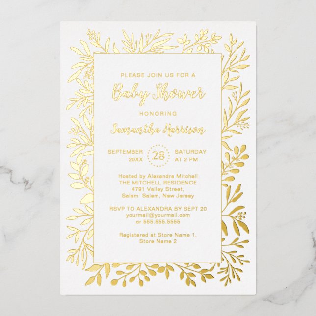 Gold Greenery Foliage Gender Neutral Baby Shower Foil Invitation (Front)