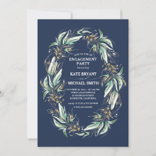Gold Greenery Foliage Navy Blue Engagement Party Invitation