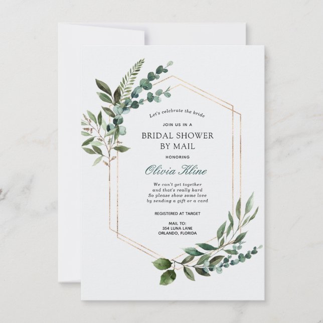 Gold Greenery Frame Bridal Shower by Mail Invitation (Front)