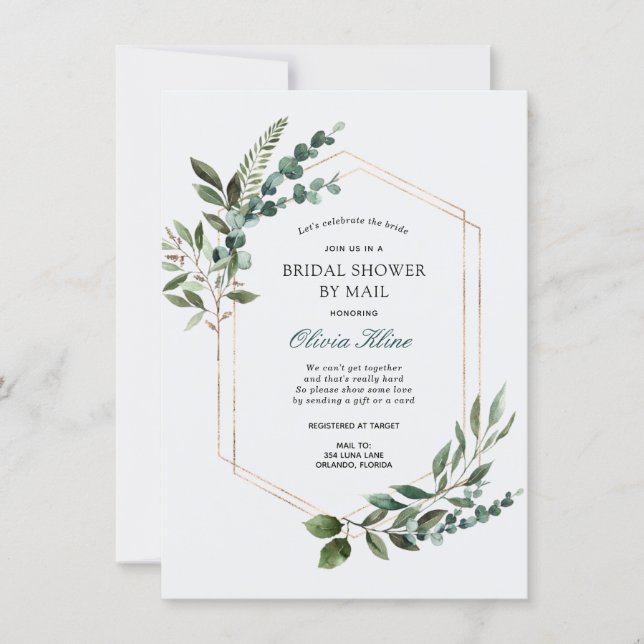 Gold Greenery Frame Bridal Shower by Mail Invitation (Front)