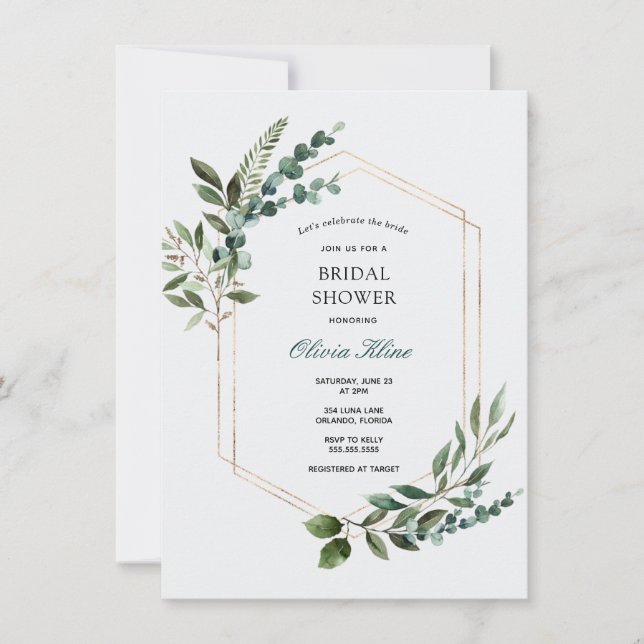 Gold Greenery Frame Bridal Shower Invitation (Front)