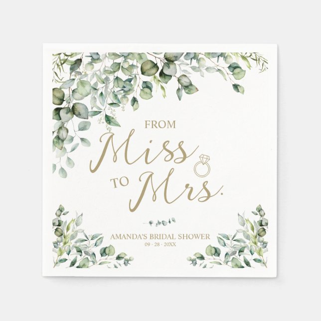 Gold Greenery From Miss To Mrs Bridal Shower Napkins (Front)