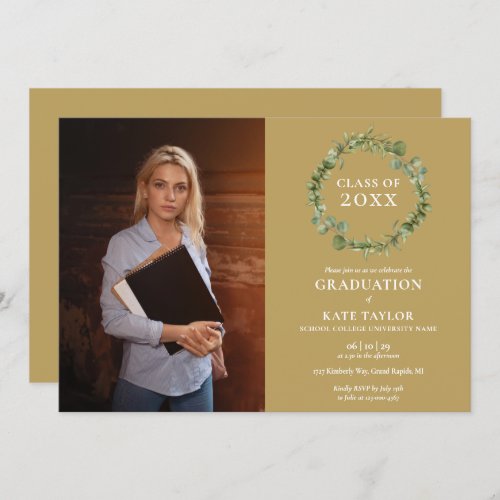 Gold Greenery Garland Photo Graduation Party Invit Invitation