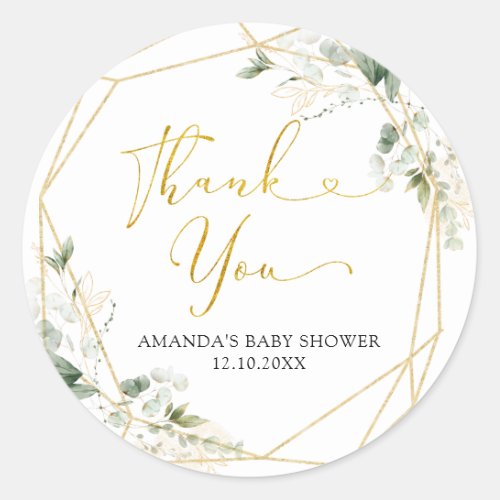 Gold Greenery Geometric Baby in Bloom Thank You Classic Round Sticker