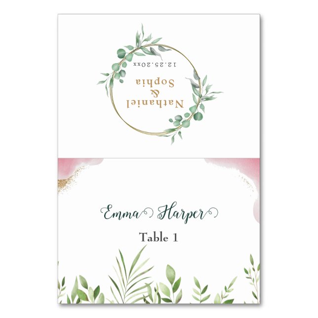 Gold Greenery Guest Name Wedding Place Card (Front)