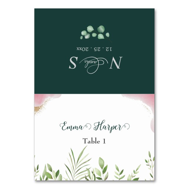 Gold Greenery Guest Name Wedding Place Card (Front)