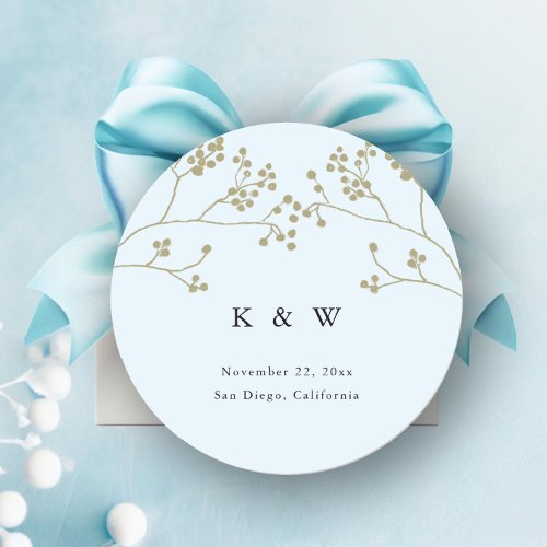 Gold Greenery Ice Blue Elegant Chic Winter Wedding Classic Round Sticker