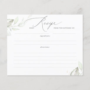 Gold Greenery Leaves Bridal Shower Recipe Card
